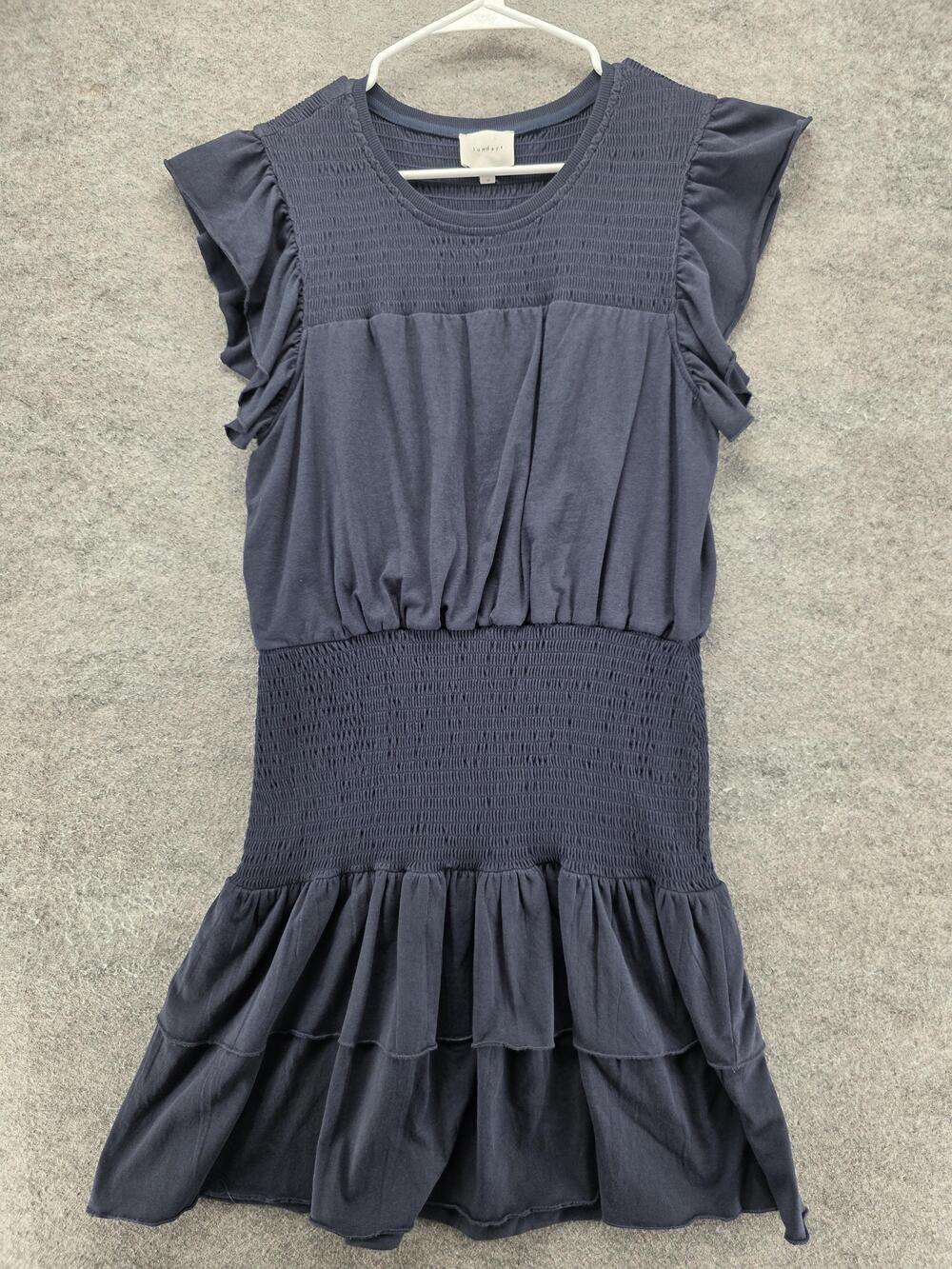 Sundays Dress Womens Medium Navy Smocked Flutter Sleeve Tiered Ruffle Hem